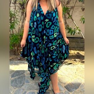 Roberto Cavalli $1,080 Black w Green/Blue designs sleeveless dress